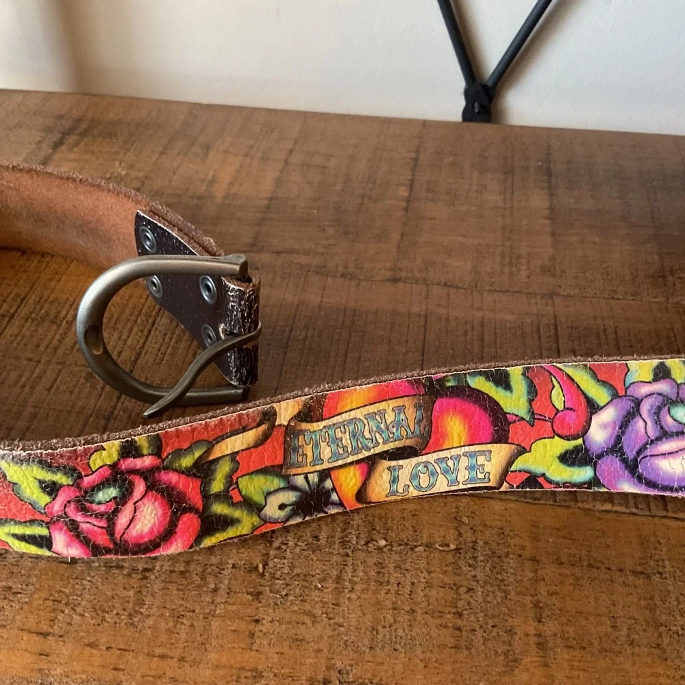 Ed Hardy Eternal Love Leather Tattoo Art Belt Women S Rose Y2K Retro Grunge VTG
